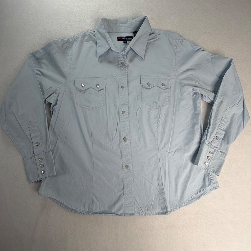 Roper Womens XL Light Blue Cotton Western Pearl Snap Long Sleeve Shirt Cowgirl